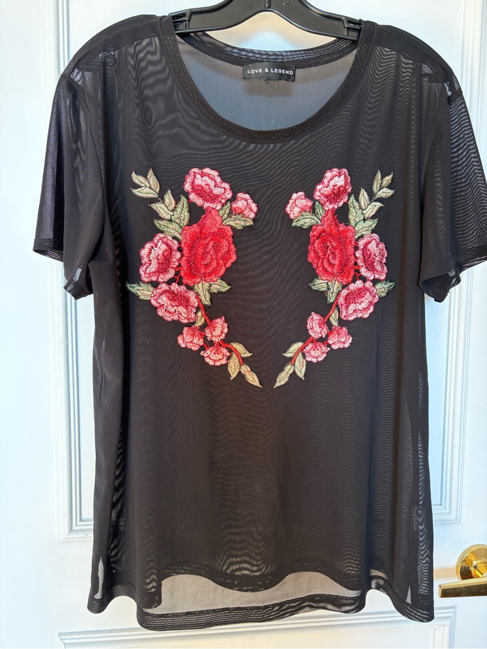 Love & Legend Black Mesh Tee with Red & Pink Floral Appliqué